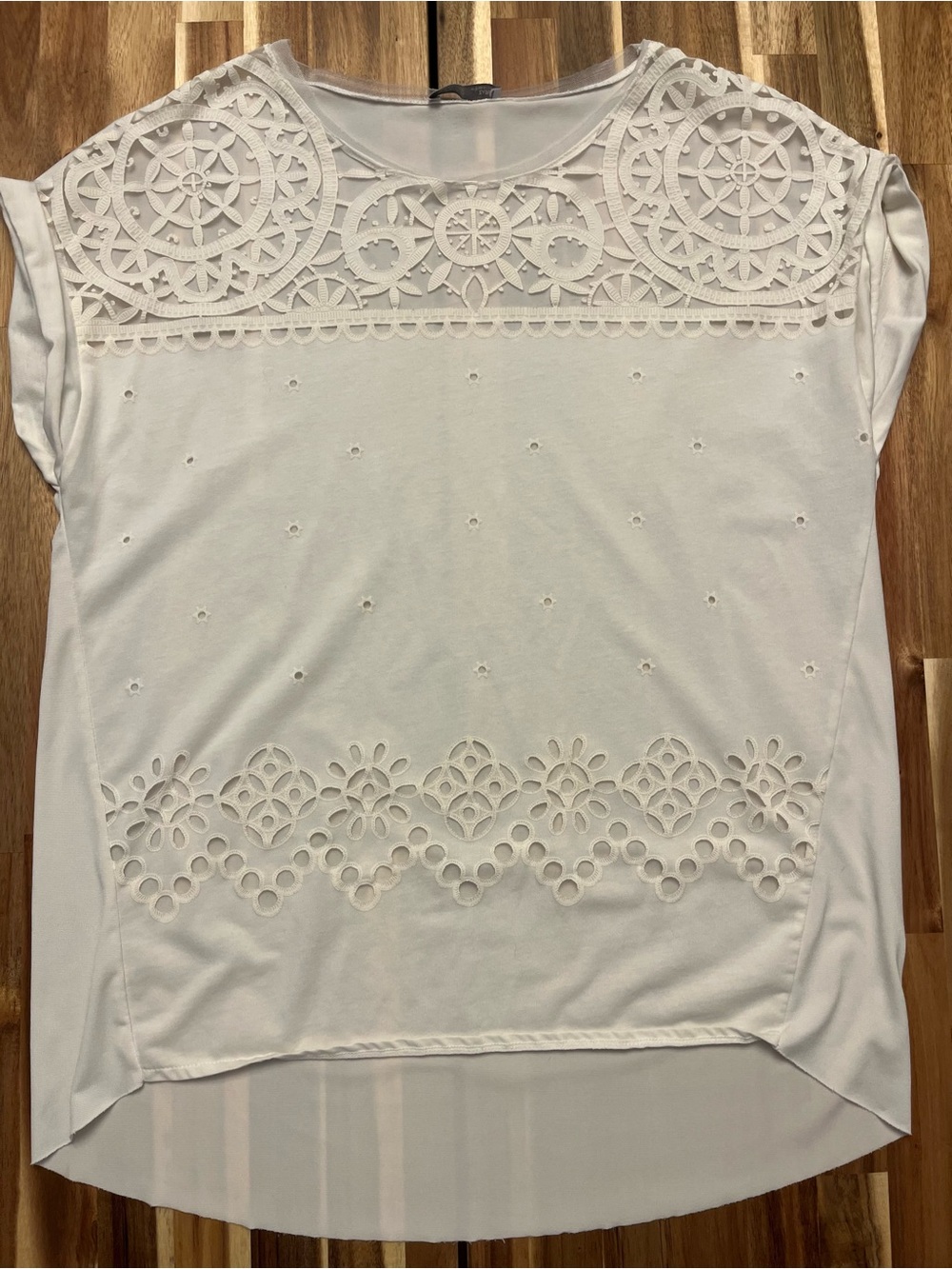 Zara White Eyelet & Lace Cap Sleeve Top